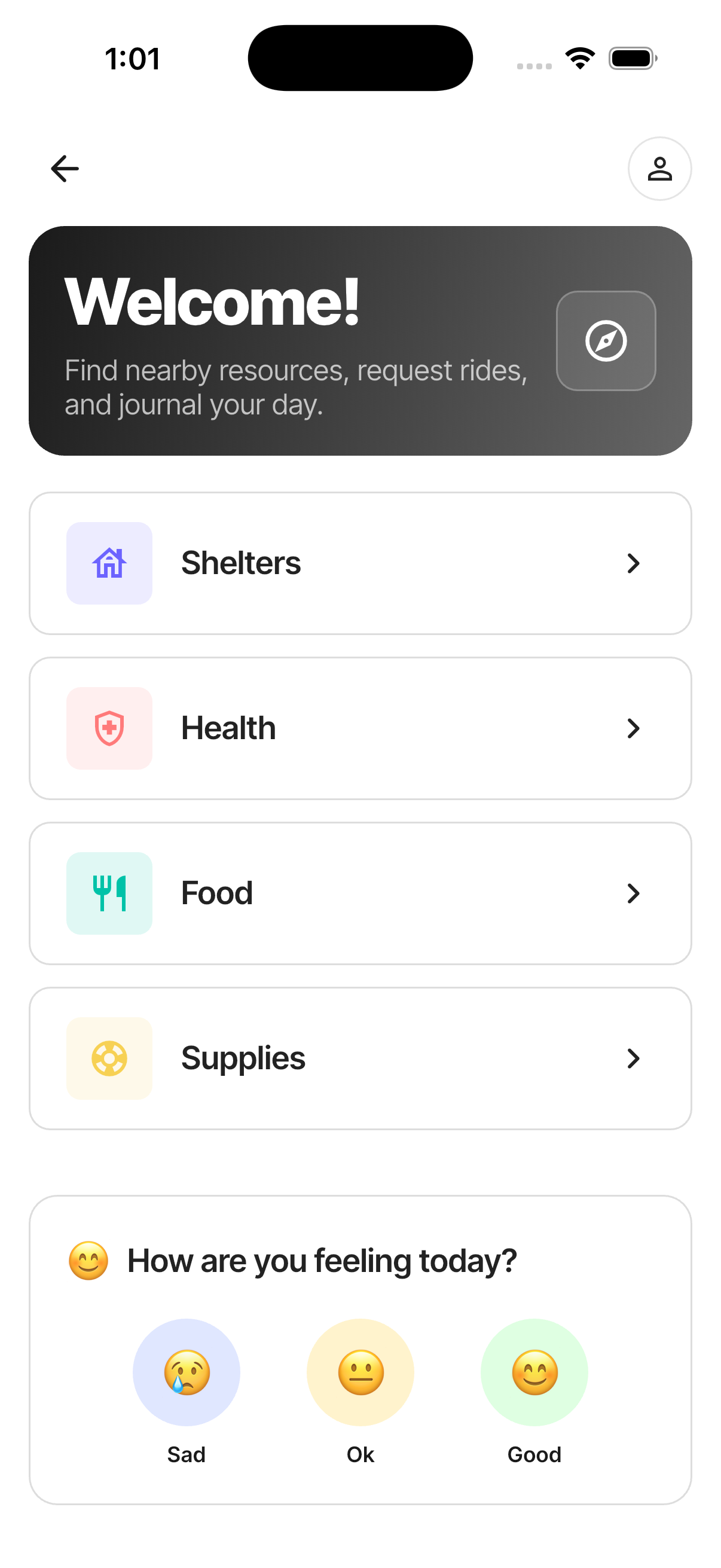 FCHome mobile app interface showing Welcome screen with resource categories